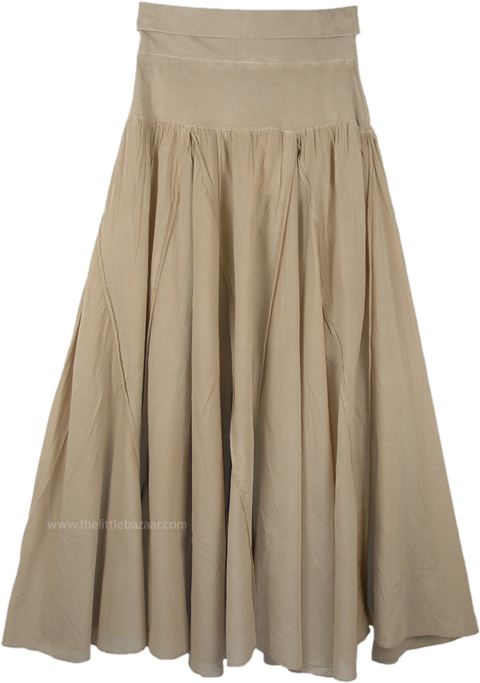 Stonewash Beige Vertical Patchwork Cotton Skirt, Beige Bohemian Cotton Ankle Length Skirt with Yoga Waist