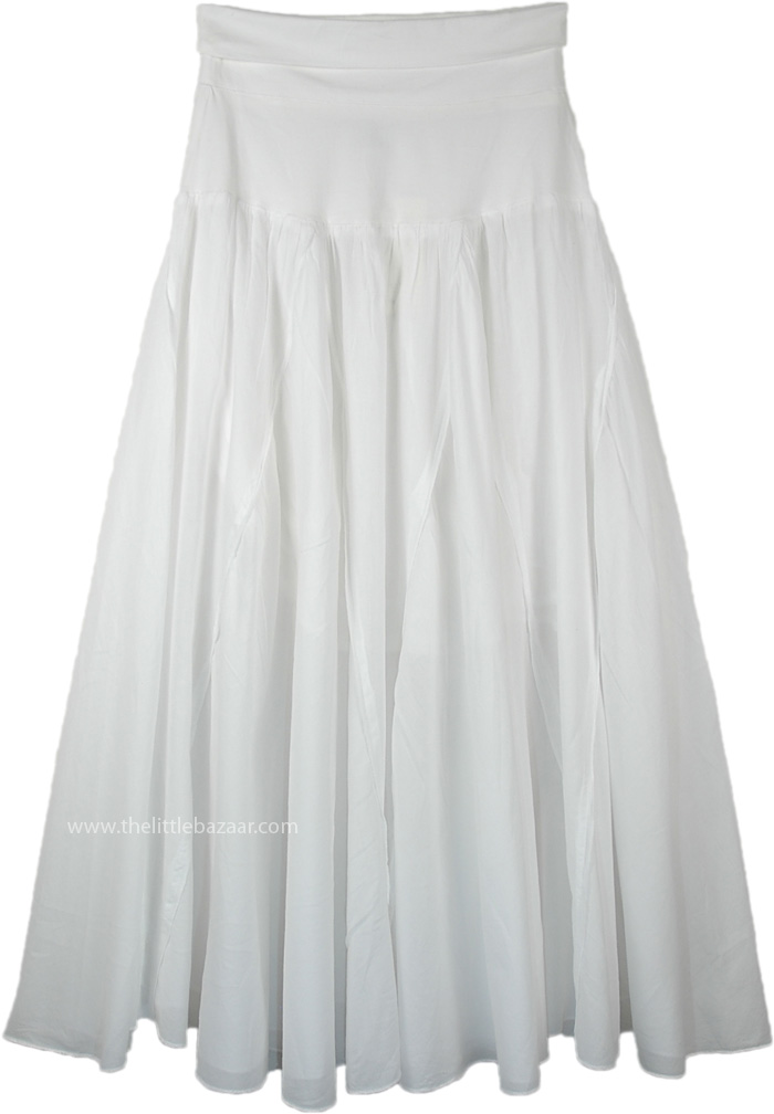 White Vertical Patchwork Cotton Yoga Flexible Waist Skirt, White Cotton Vertical Patchwork Maxi Skirt with Yoga Waist