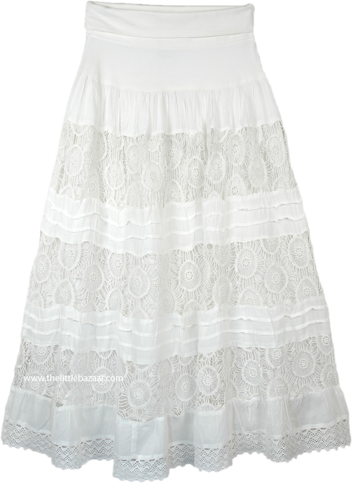 Dove White Floral Lace Crochet Maxi Skirt in Cotton | White | Crochet ...