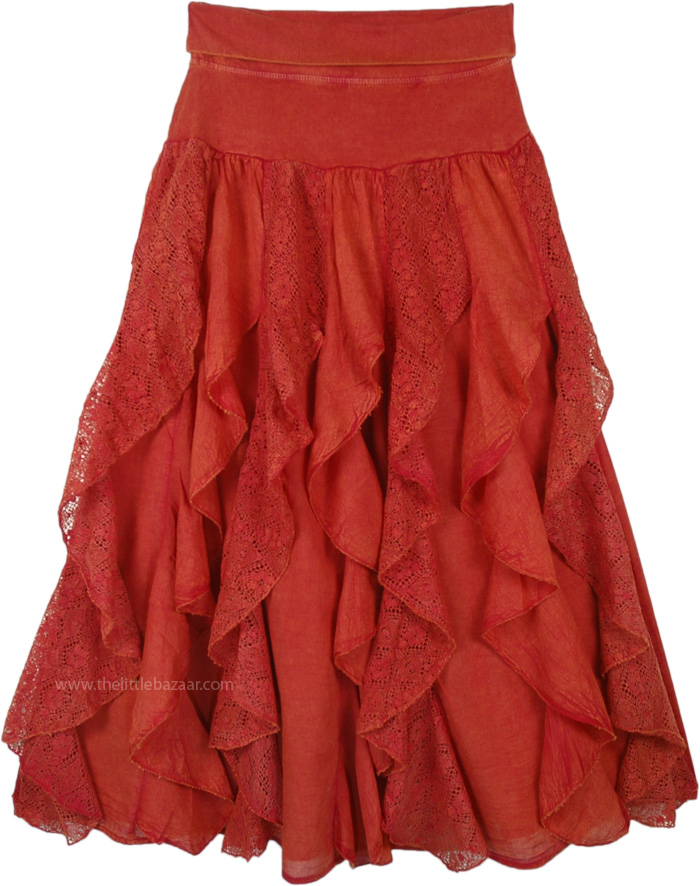 Vertical Frills Cotton Flexible Stretch Waist Cotton Skirt, Rust Evening Sky Vertical Ruffle Skirt in Cotton with Knit Waist