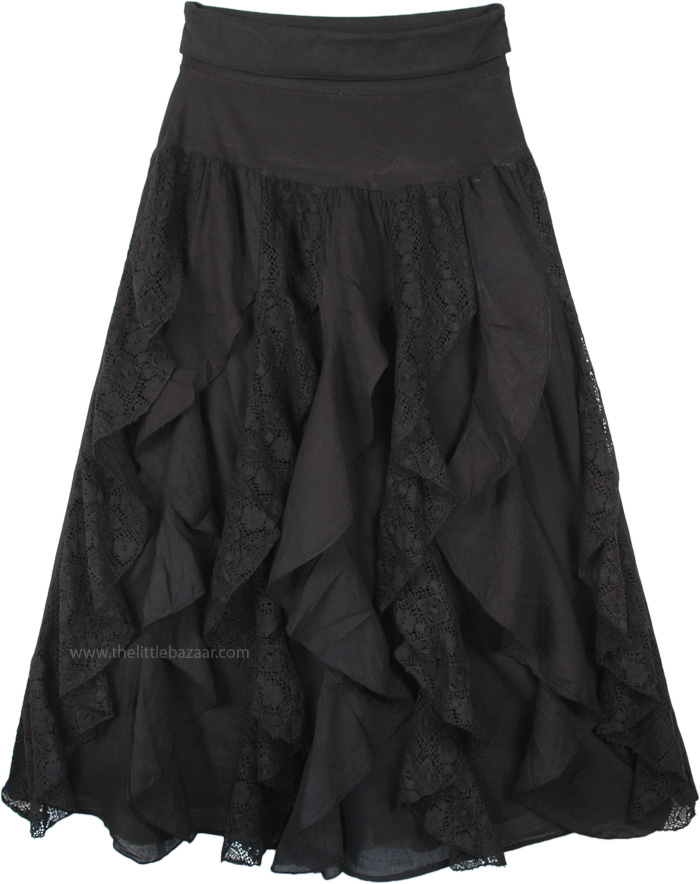 Multiple Spiral Frills Skirt in Black with Adjustable Wasitband, Vertical Black Spiral Frills Gypsy Skirt with Flexible Yoga Waist