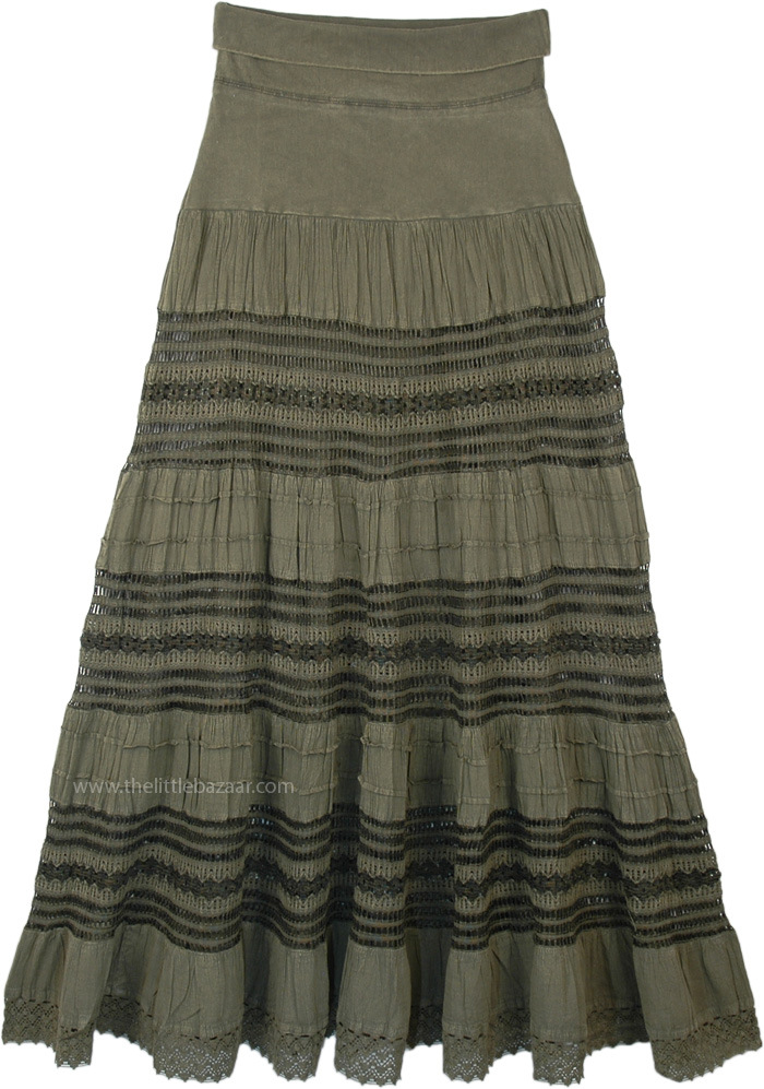 Olive Green Flexible Yoga Waist Maxi Long Cotton Skirt
