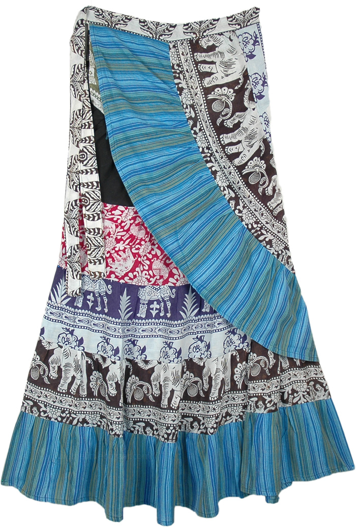 Elephant Print Layered Wrap Around Cotton Skirt