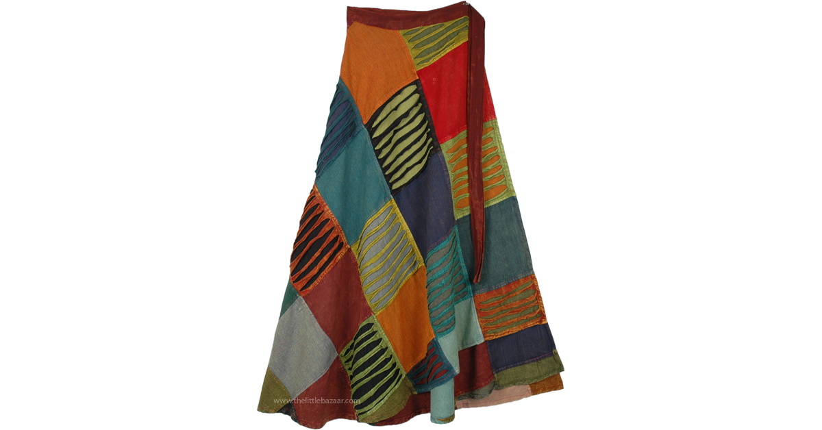 Woven Cotton Razor Cut Patchwork Wrapper Skirt | Multicoloured | Wrap ...