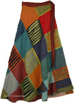 Woven Cotton Razor Cut Patchwork Wrapper Skirt