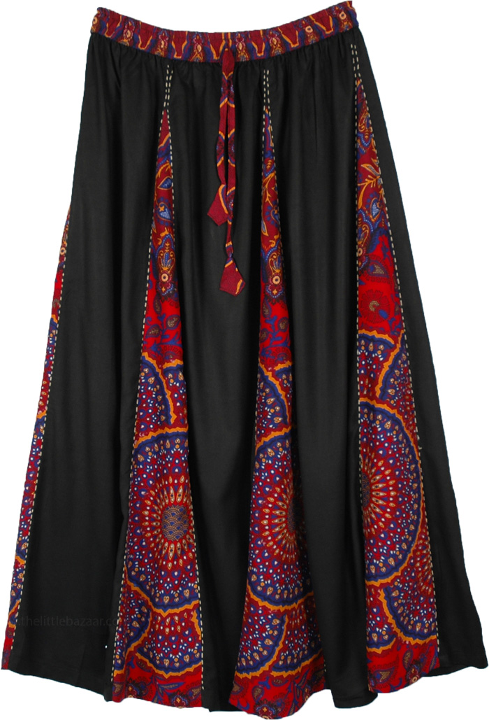 Printed Black Accordion Pleats Long Skirt Elastic Waist