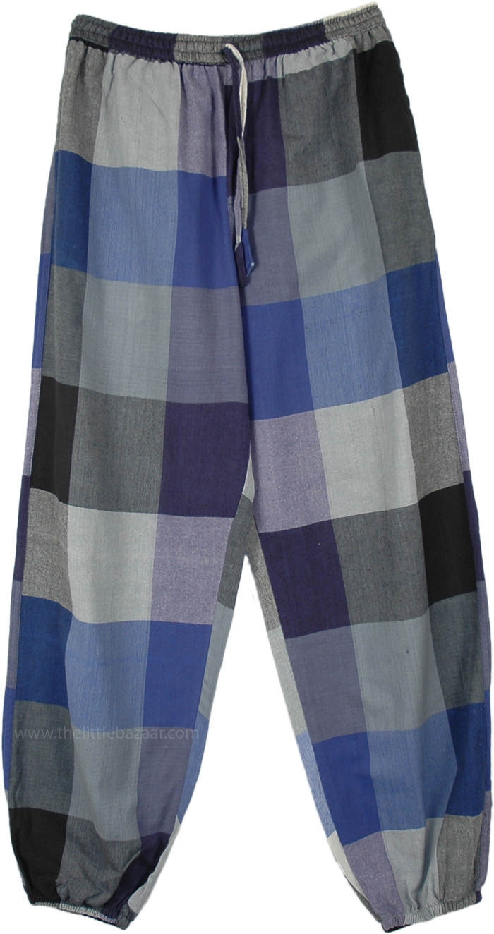 Egyptian Blue Harem Pants with Black and Grey Accents, Egyptian Harem Cotton Pants Elastic Waist Gingham Print