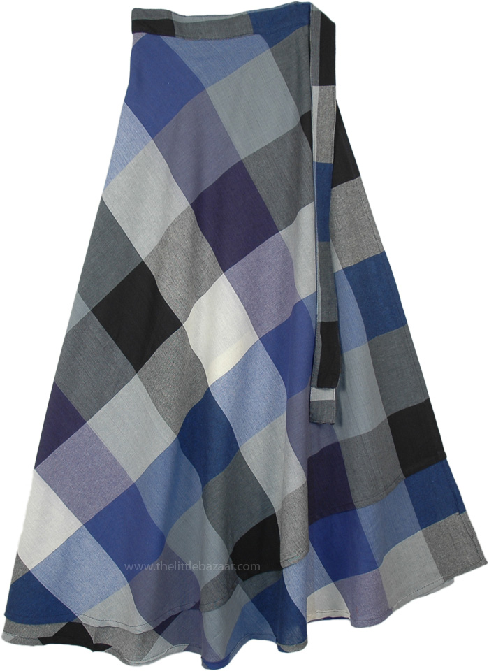 Prewashed Cotton Gingham Wrap Around Skirt Maxi Length | Blue | Wrap ...