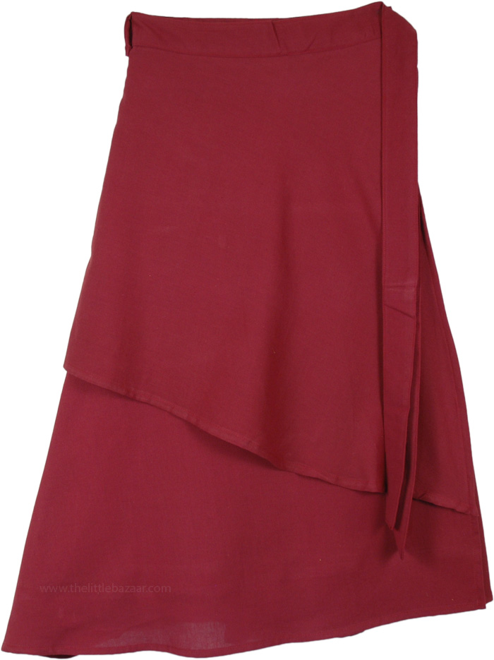 Solid Dark Red Layered Short Wrap Skirt, Mid Length Solid Merlot Wrap Around Skirt