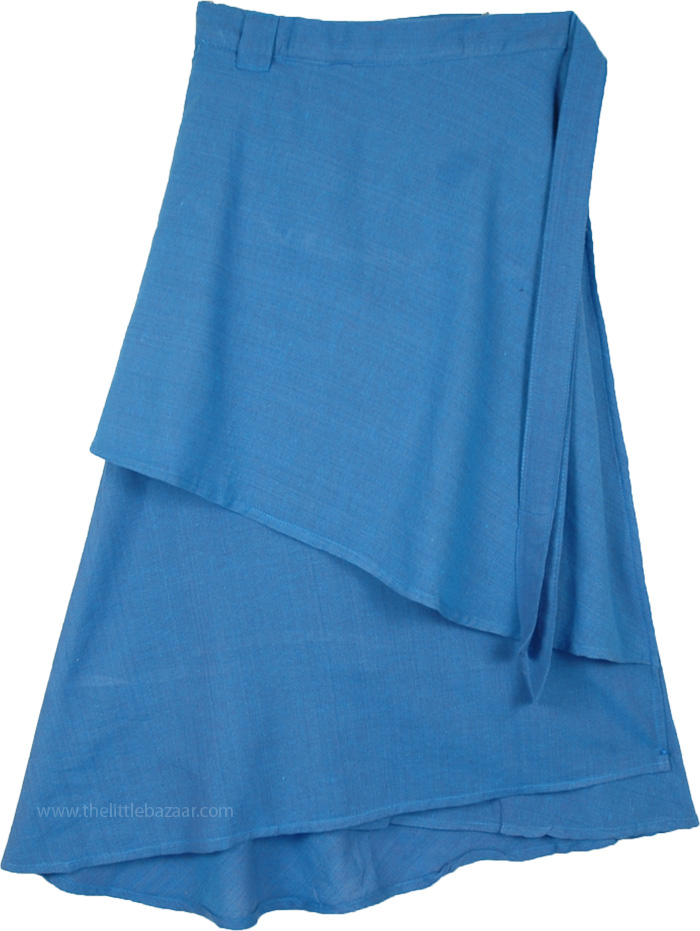 Solid Kashmir Blue Layered Midi Length Wrap Skirt, Mid Length Wrap Around Skirt in Glacier Blue