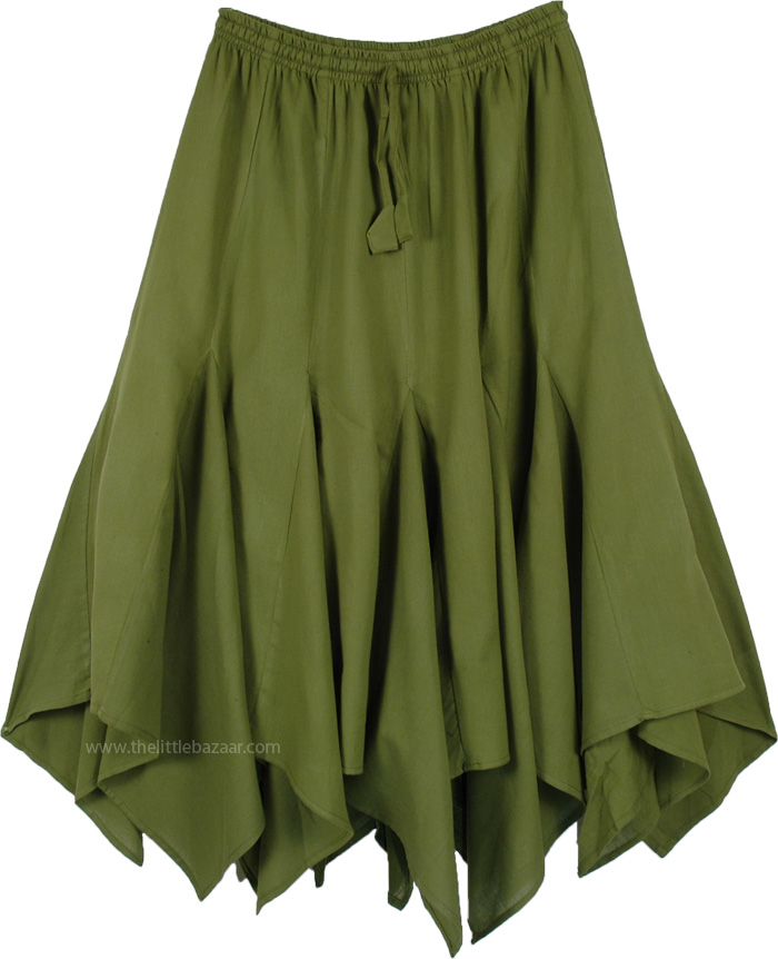 Khaddar Cotton Patchwork Solid Green Skirt with Wavy Hemline, Costa Del Sol Handkerchief Hem Cotton Patchwork Skirt