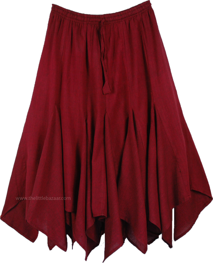 Khadi Cotton Red Wine Handkerchief Hem Cotton Mid Length Skirt, Merlot Cotton Patchwork Bohemian Cotton Hanky Hem Skirt