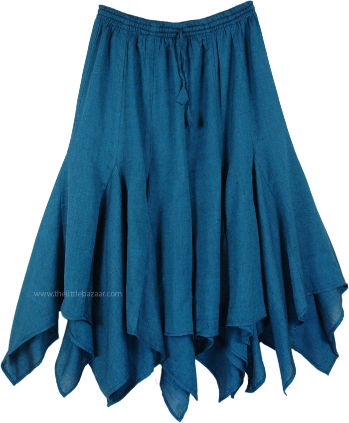 Khadi Cotton Teal Handkerchief Hem Cotton Mid Length Skirt, Teal Bohemian Cotton Hanky Hem Skirt in Triangular Frills