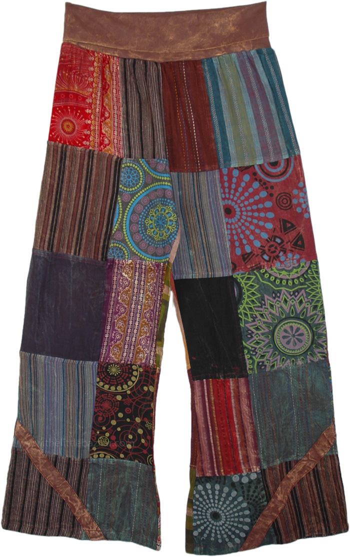 Yoga Pants Cotton Patchwork Flexible Length and Waist, Dusty Boho Mixed Patchwork Yoga Waist Pants