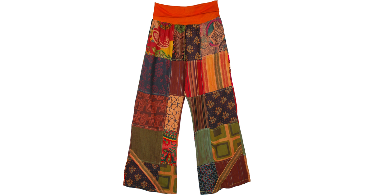 Fall Bloom Boho Patchwork Cotton Yoga Waist Pants Orange Split