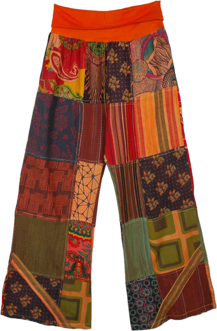 Fall Bloom Boho Patchwork Cotton Yoga Waist Pants | Orange | Split 