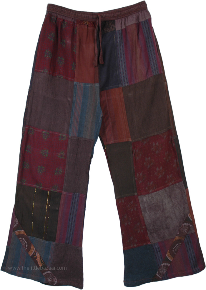 Boho Trousers Cotton Patchwork Deep Earthen Tones, Deep Earth Hippie Lounge Patchwork Cotton Pants