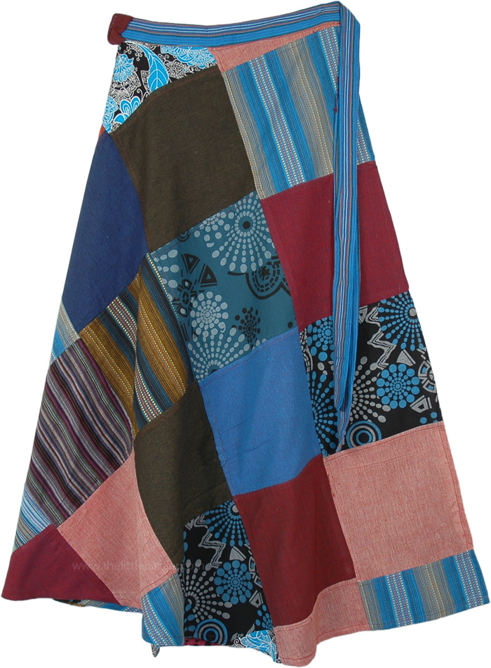 Plus Multicolored Mixed Patchwork Wrap Around Cotton Skirt
