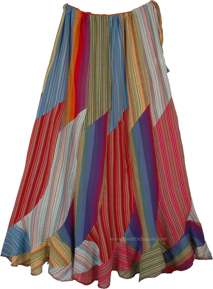 Rainbow Patchwork Striped Fiesta Cotton Long Skirt, Bohemian Hippie Style Rainbow Maxi Long Cotton Skirt