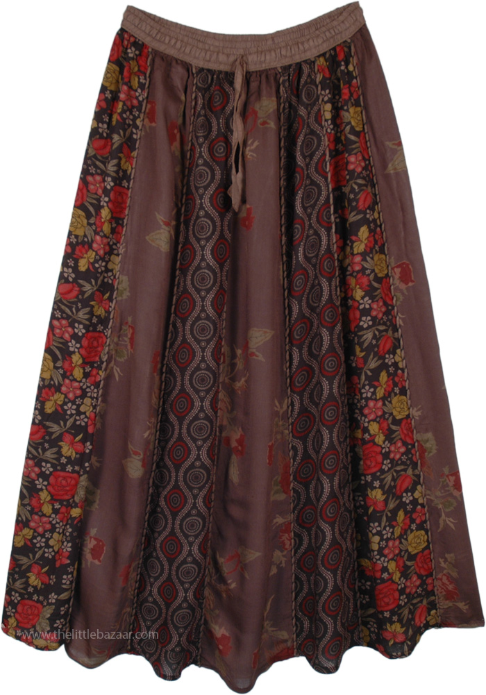 Vertical Panel Patchwork Earthen Hippie Long Skirt Brown
