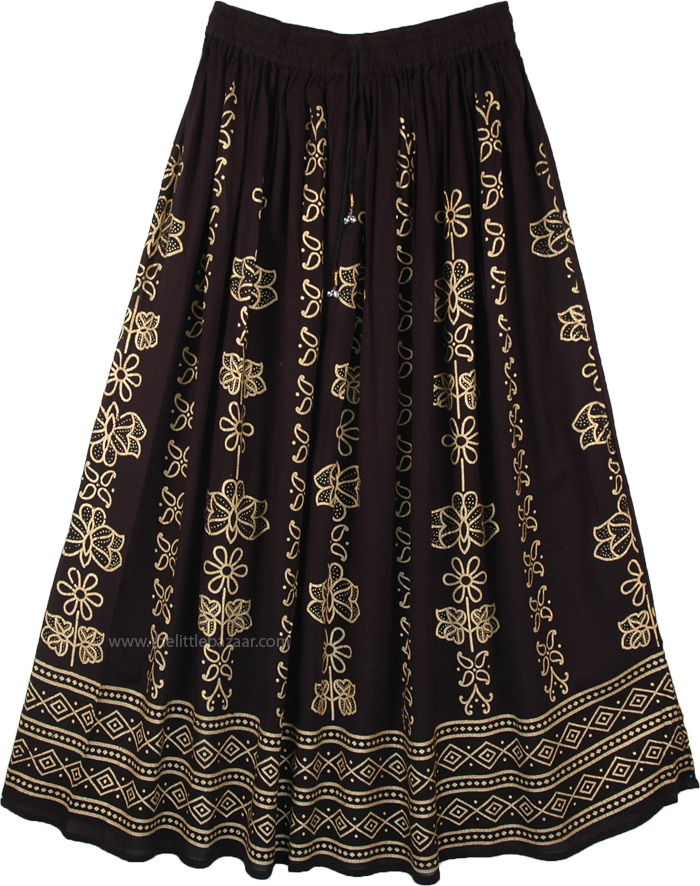 Sycamore Black Gold Floral Painted Rayon Long Skirt