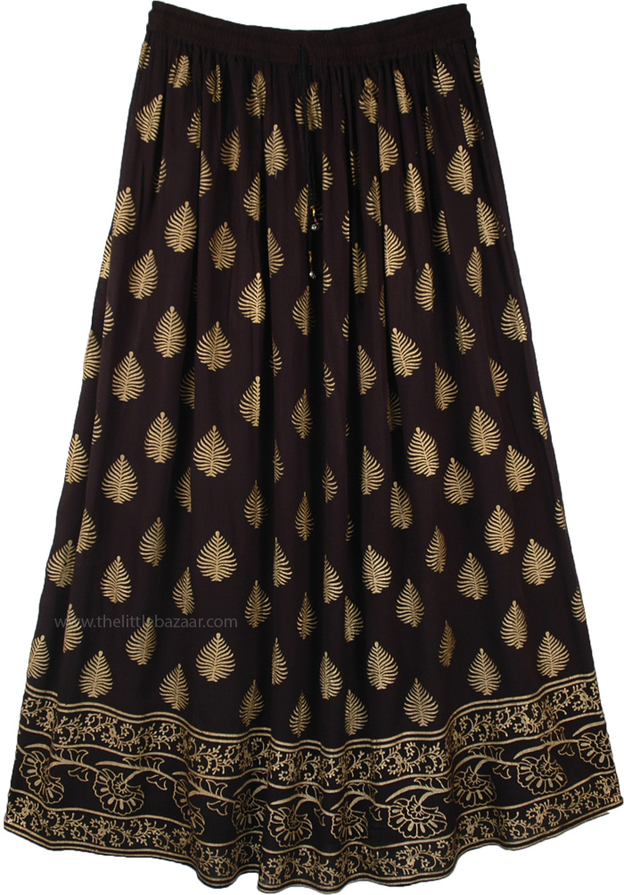 Belly Dancing Rayon Black and Golden Leaf, Belly Dancing Black and Gold Long Rayon Skirt