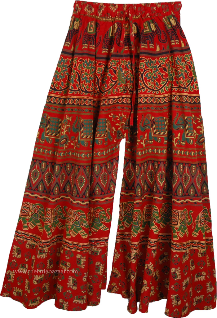 Boho Wide Leg Pants For Women Red Green Elephants Print