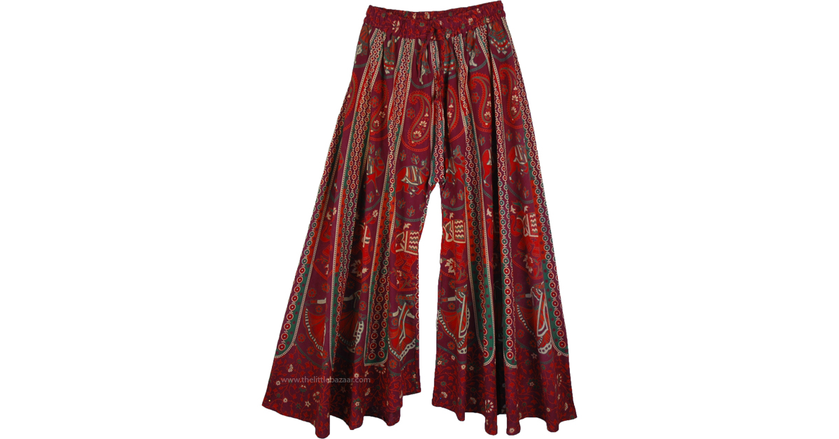 Wide Bottom Indian Pants In Deep Cherry Paisley Print | Red | Split ...