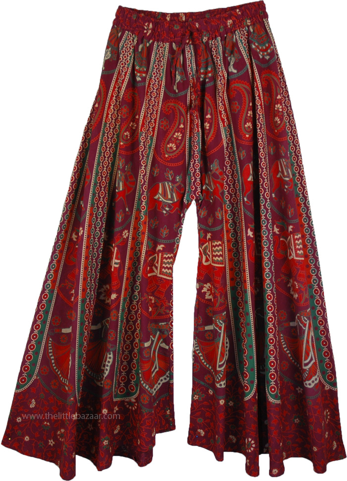 Wide Bottom Indian Pants In Deep Cherry Paisley Print