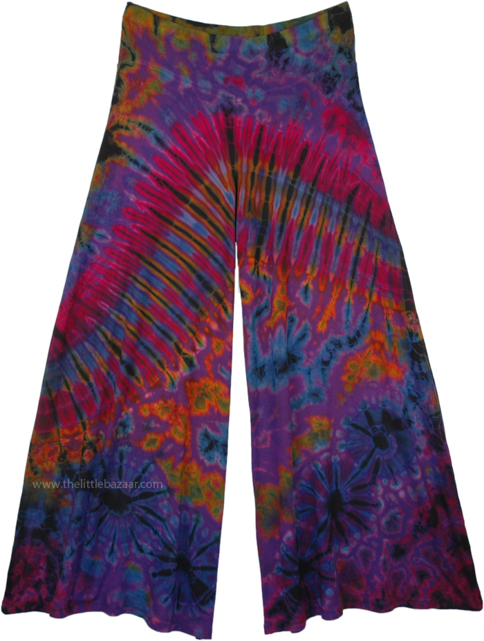 Womens Wide Leg Full Tie Dye Palazzo Pants in Purple, Purple