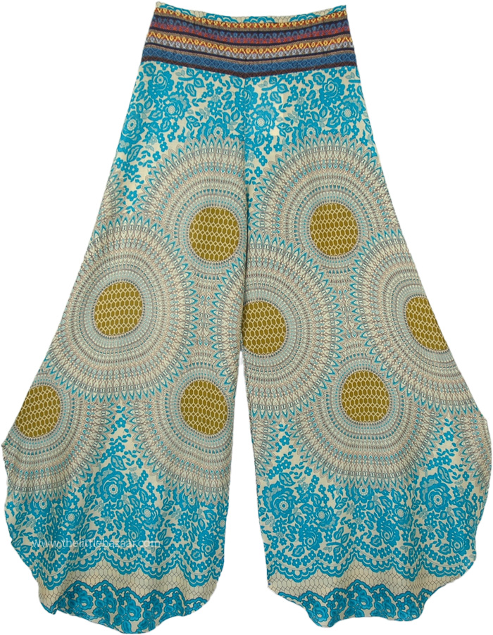 High Waisted Boho Split Pants in Rayon , Sun Burst Mandala Print Side Cut Palazzo Pants