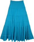 Turquoise Summer Cotton Flared Skirt with Tiers