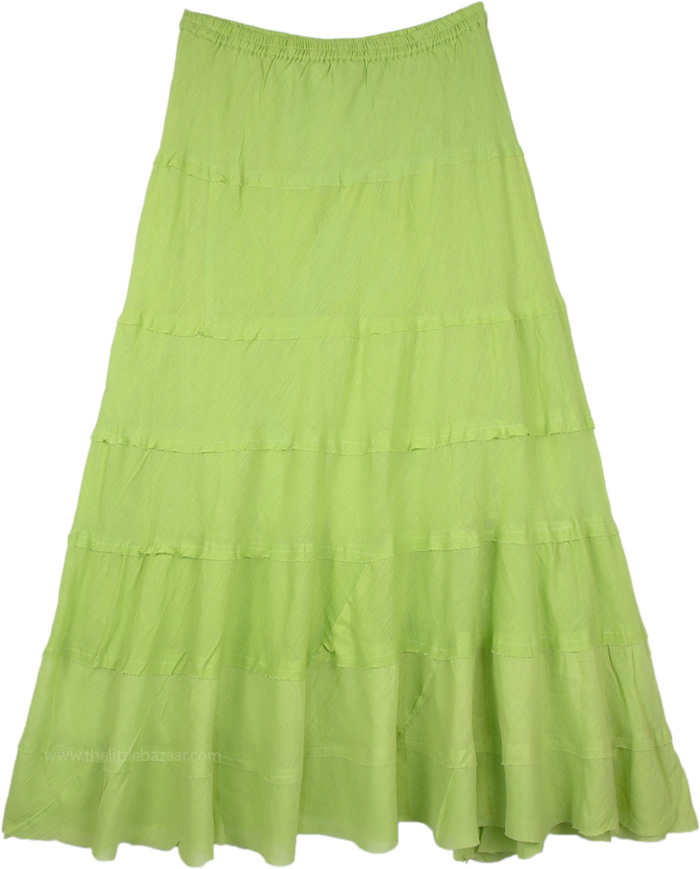 Lime Green Summer Cotton Flared Skirt with Tiers