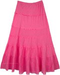 Hot Pink Summer Cotton Flared Skirt with Tiers