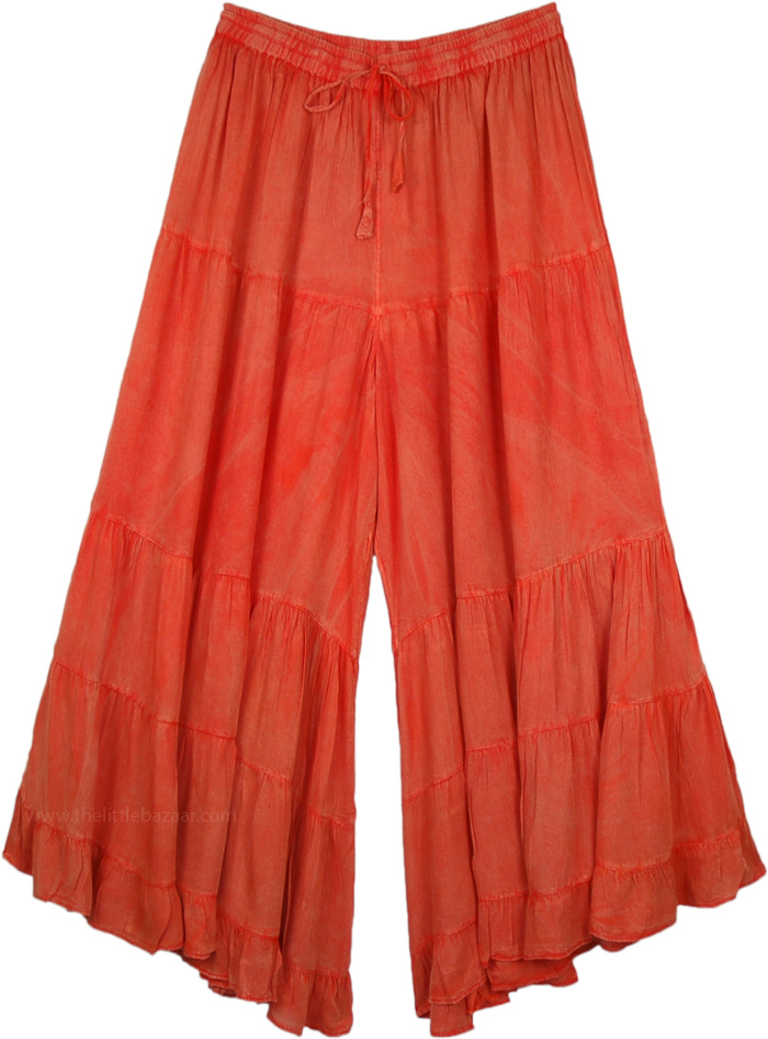 Fun Gypsy Festival Summer Pull On Pants XL, Fiery Stonewashed Boho Wide Leg Large Pants