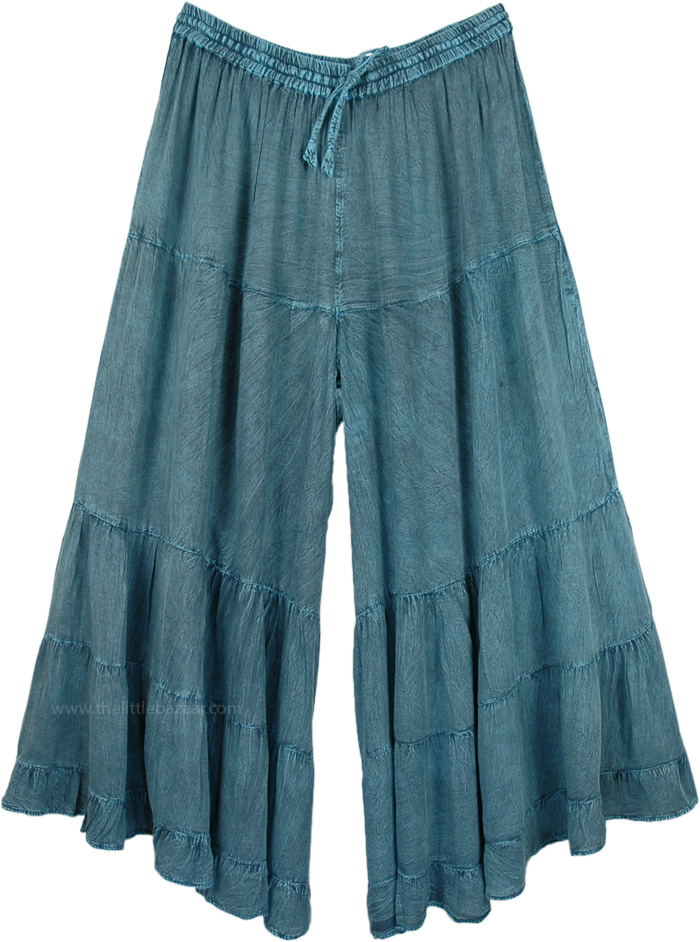 Fun Gypsy Festival Summer Wide Pants in Teal, Teal Blue Stonewashed Boho Wide Leg Tiered Pants