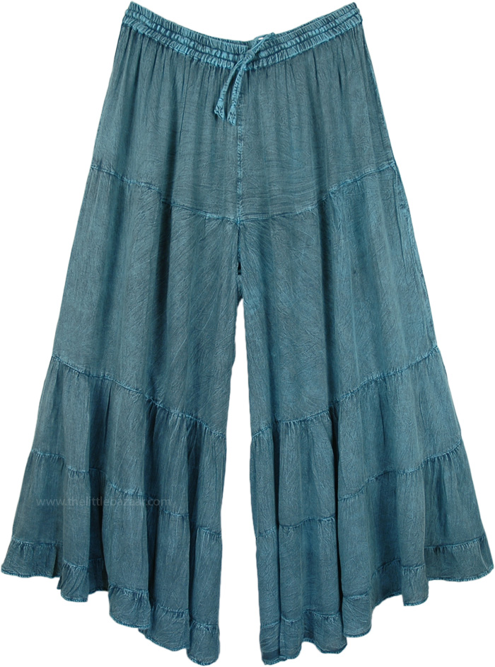 Teal Blue Stonewashed Boho Wide Leg Tiered Pants