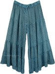 Teal Blue Stonewashed Boho Wide Leg Tiered Pants