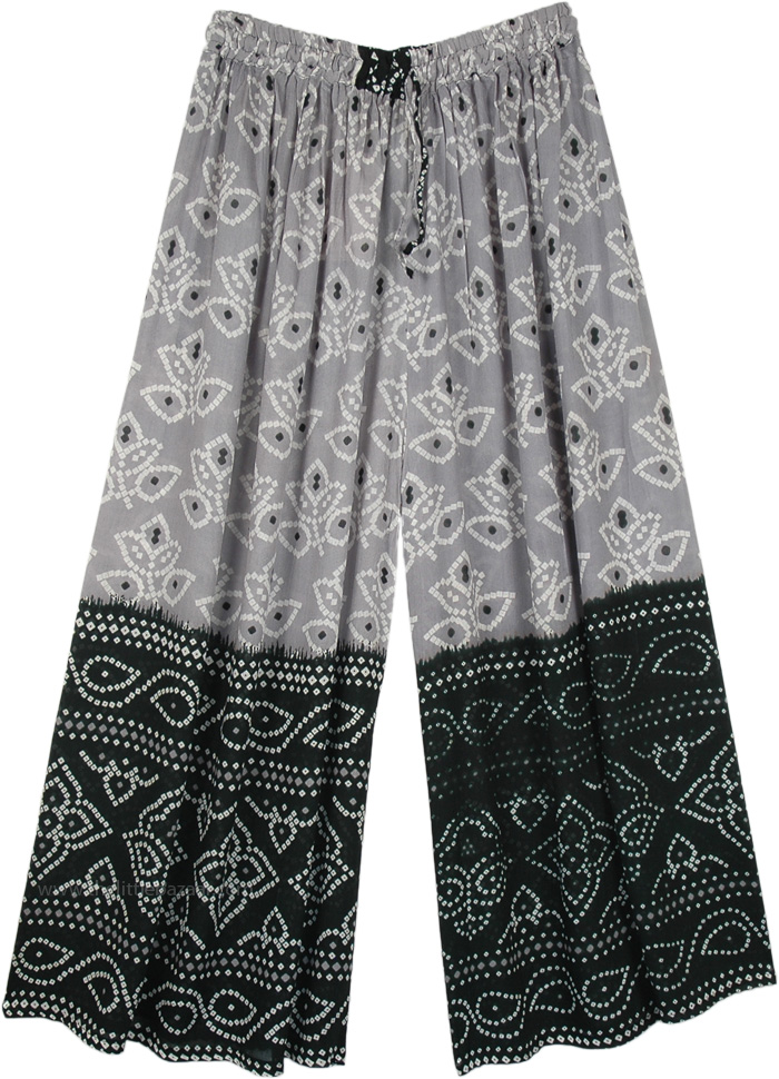 Traditional Print Pants in Black and Grey, Black Grey Wide Leg Palazzo Pants with Traditional Print