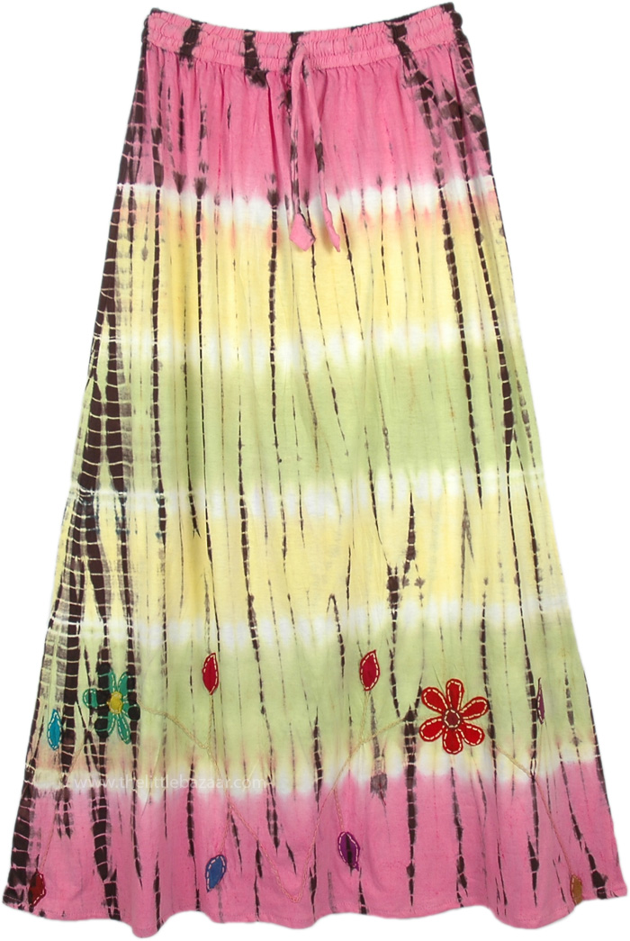 Beach Yellow And Pink Long Skirt in Knit Cotton Tie Dye, Daisy Flower Cotton Long Pastel Tie Dye Skirt