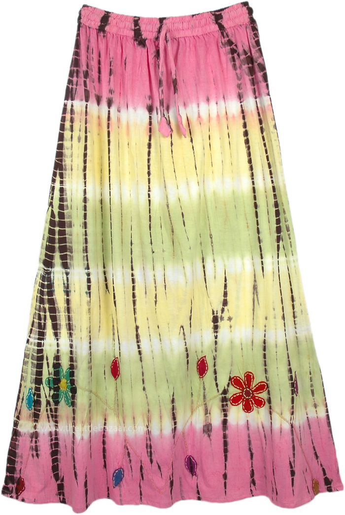 Beach Yellow And Pink Long Skirt in Knit Cotton Tie Dye - Clothing ...