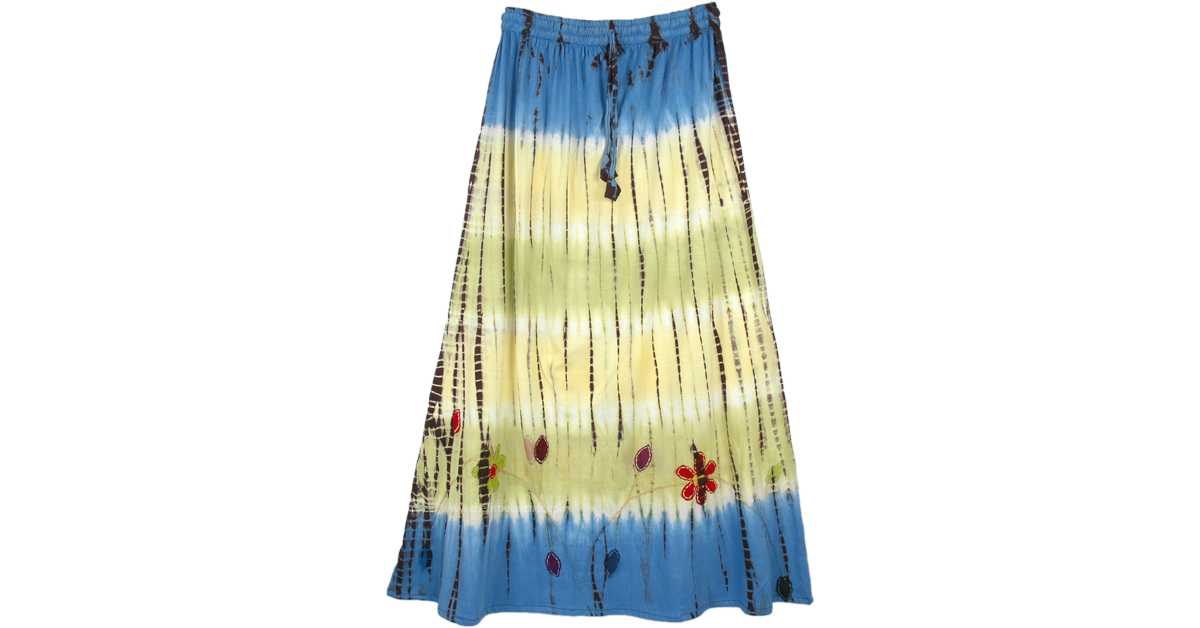 Blue yellow floral applique tie dye long skirt  yellow  applique Blue yellow floral applique tie dye long skirt  yellow  applique