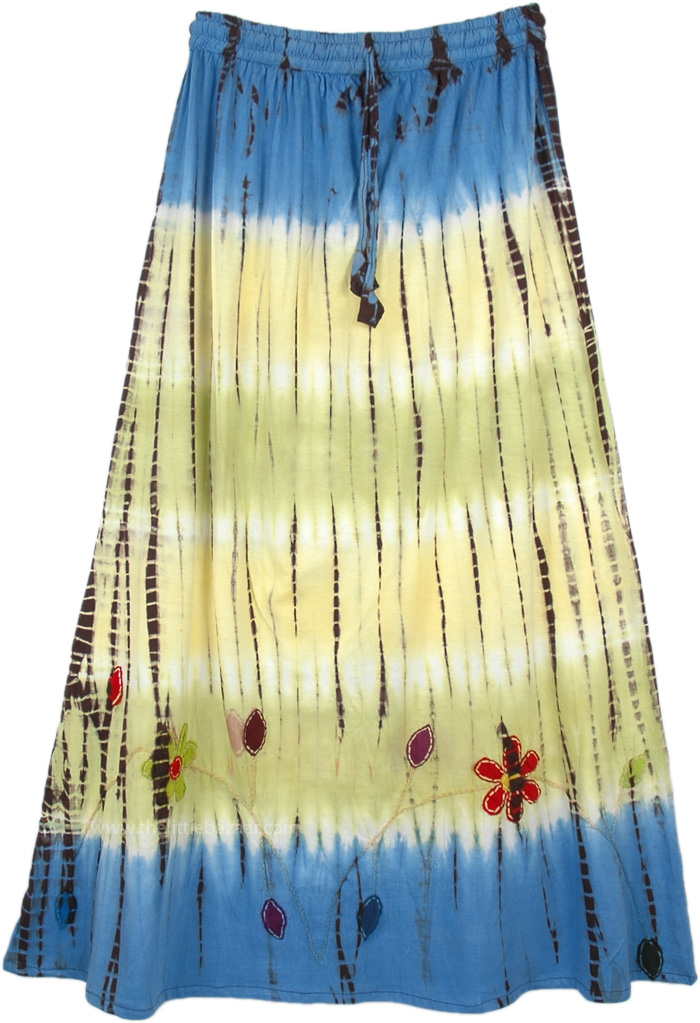 Yellow And Blue Hand Applique Tie Dye Long Skirt, Blue Yellow Floral Applique Tie Dye Long Skirt