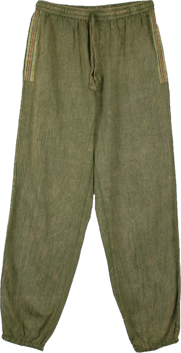 Cotton Beach Yoga Pants in Desert Green with Pockets, Khaki Green Jogger Style Womens Pants with Pockets