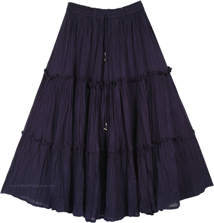 Solid Blue Summer Mid Length Cotton Skirt, Valhalla Magic Tiered Cotton Mid Length Skirt
