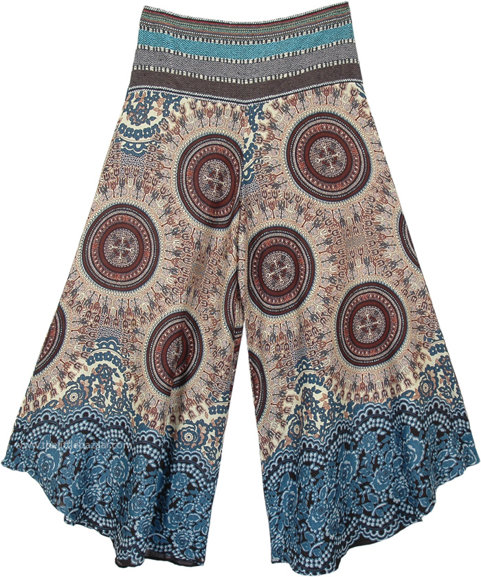 Rayon Wide Leg Boho Pants in Beige Printed Mandalas, Mystic Chakra Wide Leg Boho Festival Pants with Woven Waist