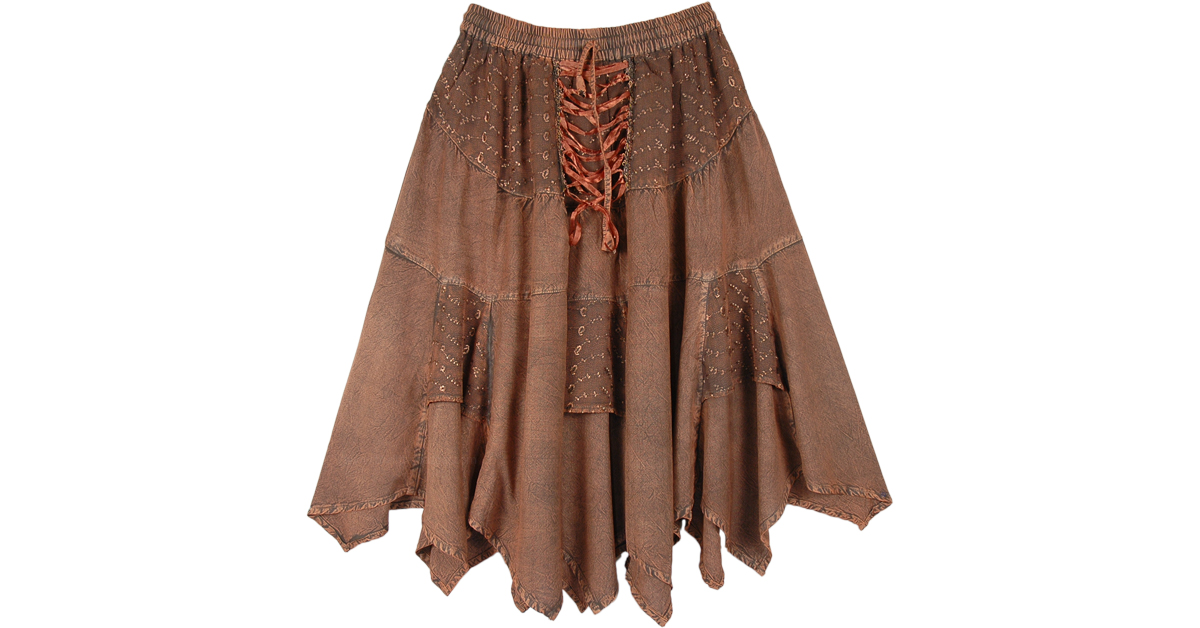 Hawaiian Tan Lace Up Handkerchief Hem Skirt Midi Length | Bronze