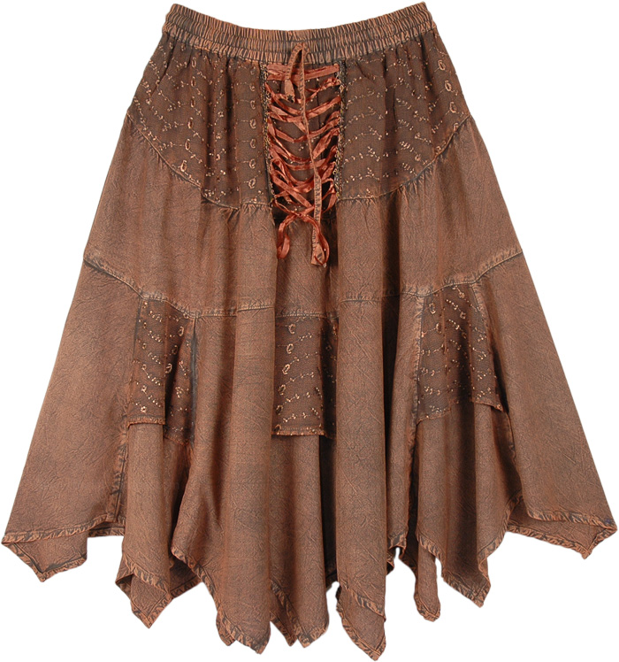 Medieval Mid Length Skirt Corset Style Waist Handkerchief Hem, Hawaiian Tan Lace Up Handkerchief Hem Skirt Midi Length