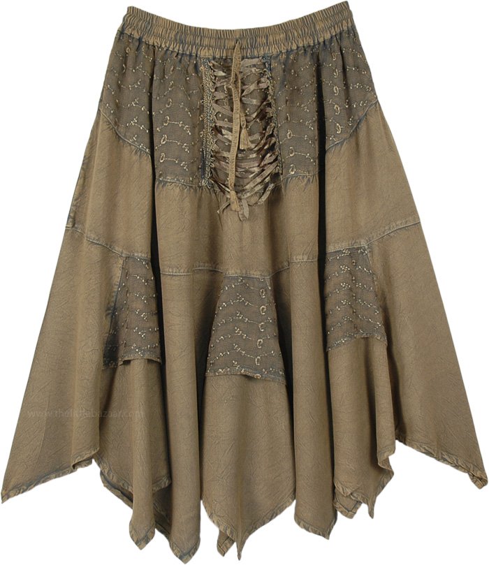 Medieval Mid Length Scottish Skirt Corset Style Waist Handkerchief Hem, Dusky Olive Green Mid Length Handkerchief Hem Skirt