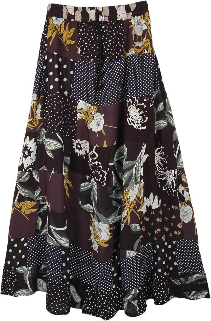 Black Long Skirt Floral Printed Mixed Patchwork Skirt